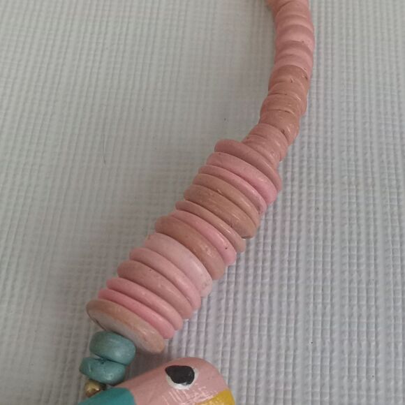 Pink & Blue Painted Wooden Parrot Shaped Beads Single Strand Statement Necklace - Picture 10 of 12